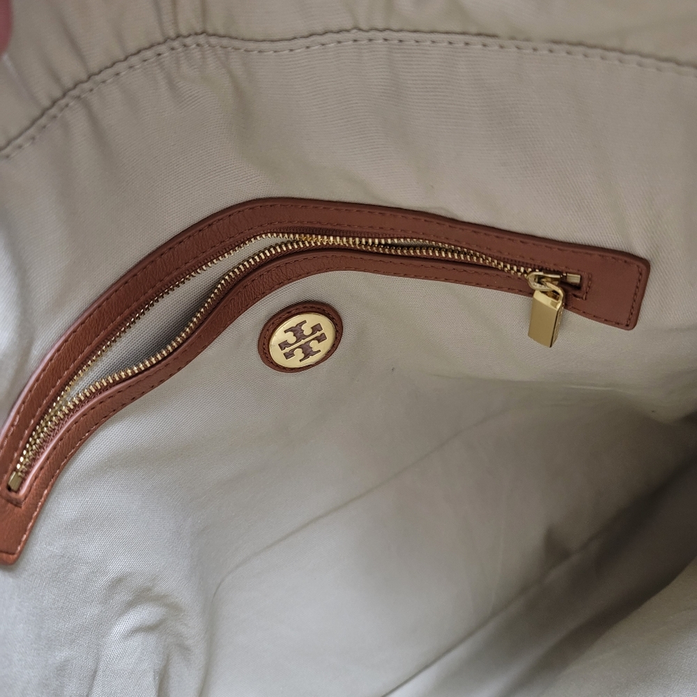 Tory Burch Stripe Shopper Natural/Red Volcano Burlap Tote *RARE* - Picture 12 of 13